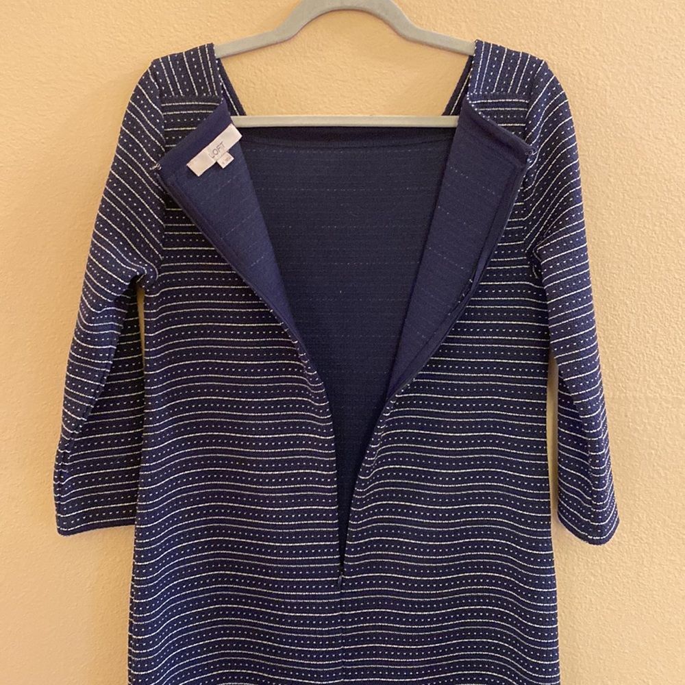 Loft Textured‎ Knit Blue White Striped Square Neck Shift Dress 3/4 Sleeves Sz S - Picture 10 of 10